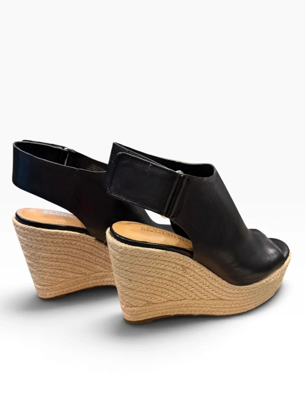 Aerosoles x Martha Stewart Hillside Black Leather Espadrille Wedges 5M